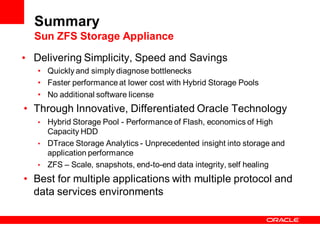 Summary
  Sun ZFS Storage Appliance

• Delivering Simplicity, Speed and Savings
   • Quickly and simply diagnose bottlenecks
   • Faster performance at lower cost with Hybrid Storage Pools
   • No additional software license
• Through Innovative, Differentiated Oracle Technology
   • Hybrid Storage Pool - Performance of Flash, economics of High
     Capacity HDD
   • DTrace Storage Analytics - Unprecedented insight into storage and
     application performance
   • ZFS – Scale, snapshots, end-to-end data integrity, self healing

• Best for multiple applications with multiple protocol and
  data services environments
 