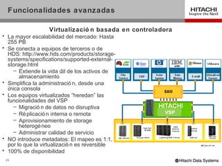 Funcionalidades avanzadas

                  Virtualizació n basada en controladora
• La mayor escalabilidad del mercado: Hasta
  255 PB
• Se conecta a equipos de terceros o de
  HDS: http://www.hds.com/products/storage-
  systems/specifications/supported-external-
  storage.html
     – Extiende la vida ú de los activos de
                          til
       almacenamiento
• Simplifica la administració n, desde una
  única consola
• Los equipos virtualizados “heredan” las
  funcionalidades del VSP
     – Migració n de datos no disruptiva
     – Ré plicació n interna o remota                VSP
     – Aprovisionamiento de storage
       heterogé neo
     – Administrar calidad de servicio
• NO introduce metadatos: El mapeo es 1:1,
  por lo que la virtualizació n es reversible
• 100% de disponibilidad
 23
 