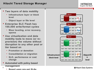Hitachi Tiered Storage Manager

 Two layers of data mobility
     • Infrastructure layer or block                      Tier 0
       level
     • Object layer or file level
 Enterprise SLC Flash has                                Tier 1
  100,000 write/format cycles
     • Wear leveling, error recovery,
       spares
 Use virtualization and data                             Tier 2
  mobility tools to move (or re-
  provision) the volume without
  disruption to any other pool or
  tier based on
     • Promotion or demotion
     • Consolidation or migration
                                        Infrastructure/            Object/fil
     • SLO, performance or cost           block level                  e
       change                                                        level
 Automated with policy based
  management
32
     • Based upon pre-set SLAs
 