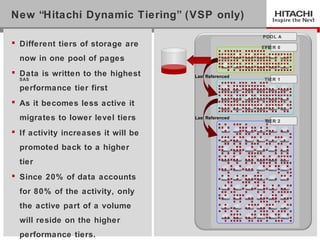 New “Hitachi Dynamic Tiering” (VSP only)
                                                        POOL A
  Different tiers of storage are                       EFD/SSD
                                                         TIER 0

     now in one pool of pages
  Data is written to the highest     Last Referenced
     SAS                                                TIER 1

     performance tier first
  As it becomes less active it
     migrates to lower level tiers    Last Referenced
                                                        TIER 2
                                                        SATA

  If activity increases it will be
     promoted back to a higher
     tier
  Since 20% of data accounts
     for 80% of the activity, only
     the active part of a volume
     will reside on the higher
33
     performance tiers.
 