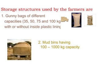 Storage structures used by the farmers are
1. Gunny bags of different
capacities (35, 50, 75 and 100 kg)
with or without inside plastic lining.
2. Mud bins having
100 – 1000 kg capacity
 