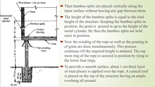  Then bamboo splits are placed vertically along the
inner surface without leaving any gap between them.
 The height of the bamboo splits is equal to the total
height of the structure. Keeping the bamboo splits in
position, the grain is poured in up to the height of the
metal cylinder. By then the bamboo splits are held
erect in position.
 Now the winding of the rope as well as the pouring in
of grain are done simultaneously. This process
continues tiIl the required height is attained. The top
most ring of the rope is secured in position by tying to
the lower four rings.
 To provide a smooth surface, about 1 cm thick layer
of mud plaster is applied over the rope. A conical roof
is placed on the top of the structure having an ample
overhang all around.
 