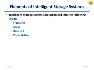 Elements of Intelligent Storage Systems
• Intelligent storage systems are organized into the following
areas:
– Front End
– Cache
– Back End
– Physical disks
18-Feb-20 142 of 162
 