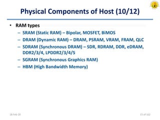 Physical Components of Host (10/12)
• RAM types
– SRAM (Static RAM) – Bipolar, MOSFET, BiMOS
– DRAM (Dynamic RAM) – DRAM, PSRAM, VRAM, FRAM, QLC
– SDRAM (Synchronous DRAM) – SDR, RDRAM, DDR, eDRAM,
DDR2/3/4, LPDDR2/3/4/5
– SGRAM (Synchronous Graphics RAM)
– HBM (High Bandwidth Memory)
18-Feb-20 15 of 162
 