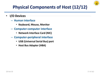 Physical Components of Host (12/12)
• I/O Devices
– Human interface
• Keyboard, Mouse, Monitor
– Computer-computer interface
• Network Interface Card (NIC)
– Computer-peripheral interface
• USB (Universal Serial Bus) port
• Host Bus Adapter (HBA)
18-Feb-20 17 of 162
 