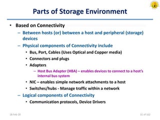Parts of Storage Environment
• Based on Connectivity
– Between hosts (or) between a host and peripheral (storage)
devices
– Physical components of Connectivity include
• Bus, Port, Cables (Uses Optical and Copper media)
• Connectors and plugs
• Adapters
– Host Bus Adapter (HBA) – enables devices to connect to a host’s
internal bus system
• NIC – enables simple network attachments to a host
• Switches/hubs - Manage traffic within a network
– Logical components of Connectivity
• Communication protocols, Device Drivers
18-Feb-20 31 of 162
 