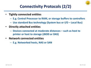 Connectivity Protocols (2/2)
• Tightly connected entities
– E.g. Central Processor to RAM, or storage buffers to controllers
– Use standard Bus technology (System bus or I/O – Local Bus)
• Directly attached entities
– Devices connected at moderate distances – such as host to
printer or host to storage (JBOD or DAS)
• Network connected entities
– E.g. Networked hosts, NAS or SAN
18-Feb-20 38 of 162
 