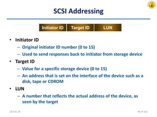 SCSI Addressing
• Initiator ID
– Original initiator ID number (0 to 15)
– Used to send responses back to initiator from storage device
• Target ID
– Value for a specific storage device (0 to 15)
– An address that is set on the interface of the device such as a
disk, tape or CDROM
• LUN
– A number that reflects the actual address of the device, as
seen by the target
18-Feb-20
Initiator ID Target ID LUN
46 of 162
 