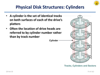 Physical Disk Structures: Cylinders
• A cylinder is the set of identical tracks
on both surfaces of each of the drive’s
platters
• Often the location of drive heads are
referred to by cylinder number rather
than by track number
18-Feb-20
Cylinder
Tracks, Cylinders and Sectors
73 of 162
 