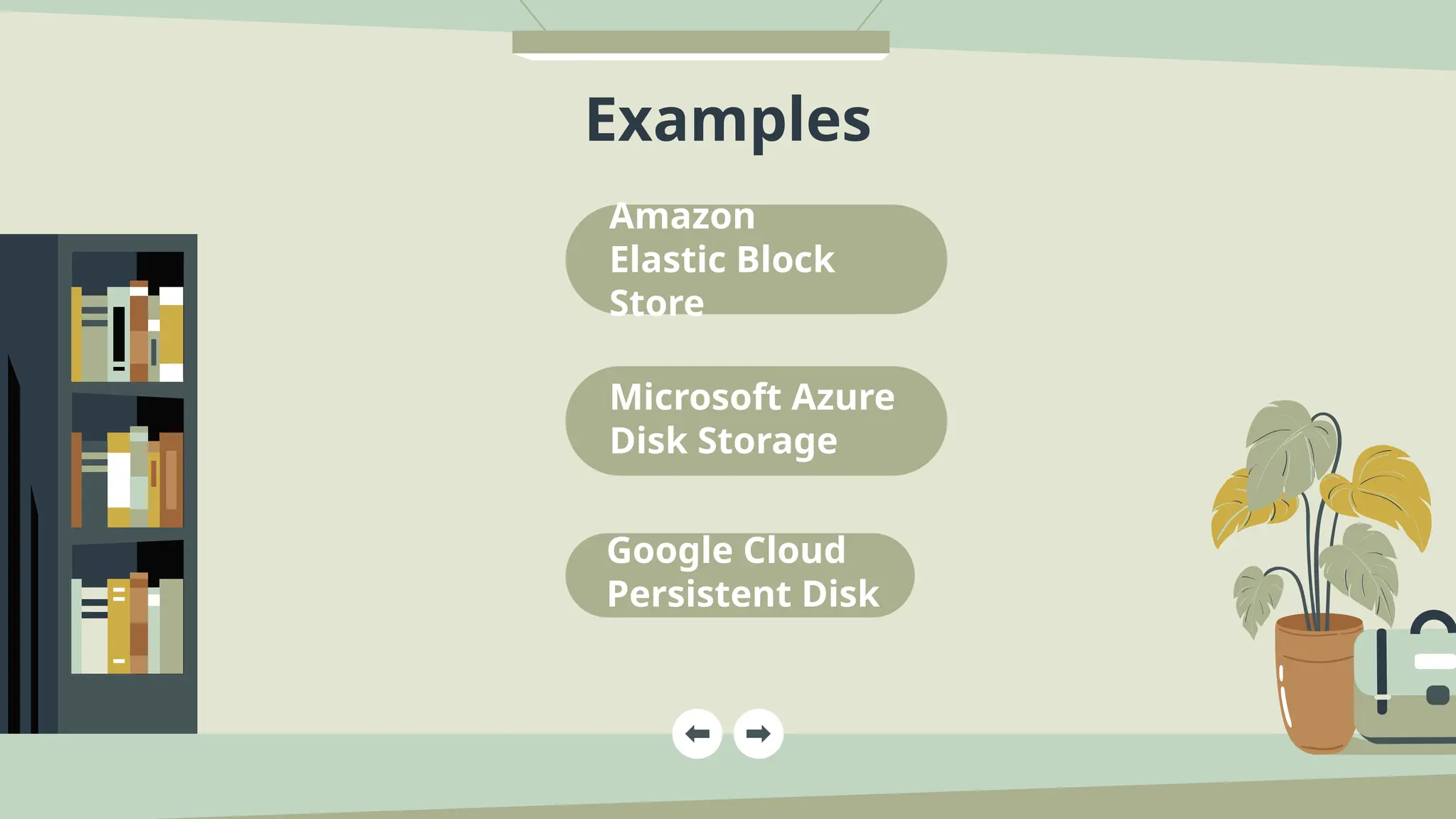 Amazon
Elastic Block
Store
Microsoft Azure
Disk Storage
Examples
Google Cloud
Persistent Disk
 