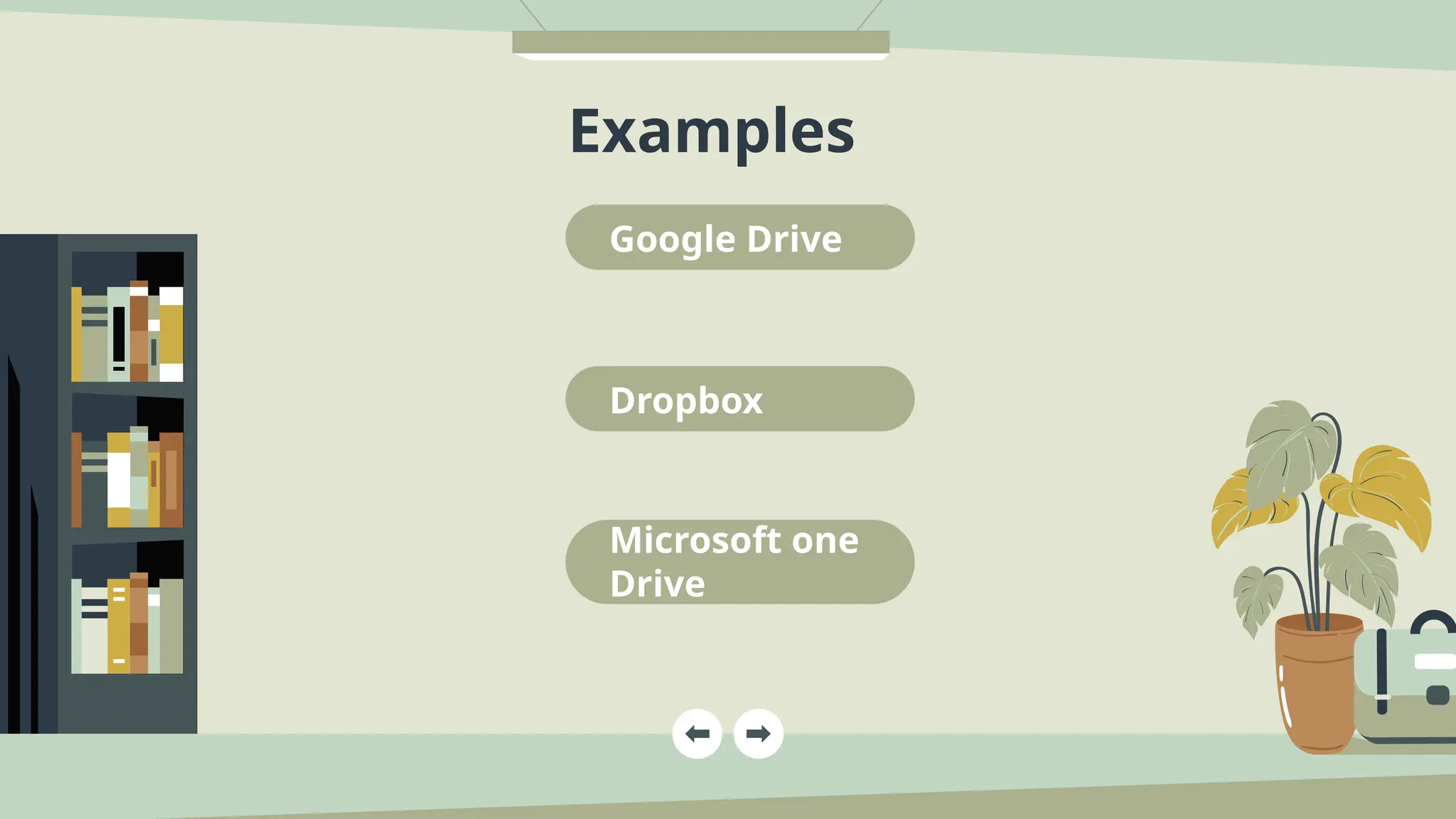 Google Drive
Dropbox
Examples
Microsoft one
Drive
 