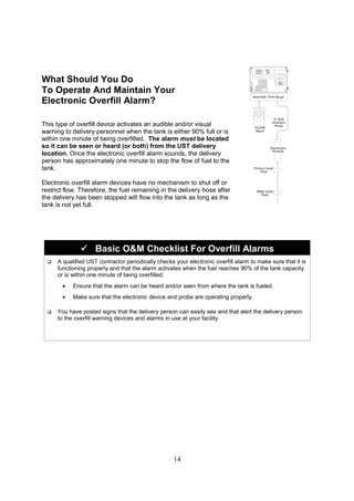 14
What Should You Do
To Operate And Maintain Your
Electronic Overfill Alarm?
This type of overfill device activates an audible and/or visual
warning to delivery personnel when the tank is either 90% full or is
within one minute of being overfilled. The alarm must be located
so it can be seen or heard (or both) from the UST delivery
location. Once the electronic overfill alarm sounds, the delivery
person has approximately one minute to stop the flow of fuel to the
tank.
Electronic overfill alarm devices have no mechanism to shut off or
restrict flow. Therefore, the fuel remaining in the delivery hose after
the delivery has been stopped will flow into the tank as long as the
tank is not yet full.



 Basic OM Checklist For Overfill Alarms
 A qualified UST contractor periodically checks your electronic overfill alarm to make sure that it is
functioning properly and that the alarm activates when the fuel reaches 90% of the tank capacity
or is within one minute of being overfilled:
• Ensure that the alarm can be heard and/or seen from where the tank is fueled.
• Make sure that the electronic device and probe are operating properly.
 You have posted signs that the delivery person can easily see and that alert the delivery person
to the overfill warning devices and alarms in use at your facility.
 