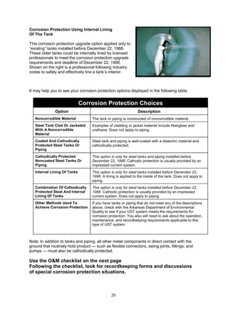 20
Corrosion Protection Using Internal Lining
Of The Tank
This corrosion protection upgrade option applied only to
“existing” tanks installed before December 22, 1988.
These older tanks could be internally lined by licensed
professionals to meet the corrosion protection upgrade
requirements and deadline of December 22, 1998.
Shown on the right is a professional following industry
codes to safely and effectively line a tank’s interior.
It may help you to see your corrosion protection options displayed in the following table.
Corrosion Protection Choices
Option Description
Noncorrodible Material The tank or piping is constructed of noncorrodible material.
Steel Tank Clad Or Jacketed
With A Noncorrodible
Material
Examples of cladding or jacket material include fiberglass and
urethane. Does not apply to piping.
Coated And Cathodically
Protected Steel Tanks Or
Piping
Steel tank and piping is well-coated with a dielectric material and
cathodically protected.
Cathodically Protected
Noncoated Steel Tanks Or
Piping
This option is only for steel tanks and piping installed before
December 22, 1988. Cathodic protection is usually provided by an
impressed current system.
Internal Lining Of Tanks This option is only for steel tanks installed before December 22,
1988. A lining is applied to the inside of the tank. Does not apply to
piping.
Combination Of Cathodically
Protected Steel And Internal
Lining Of Tanks
This option is only for steel tanks installed before December 22,
1988. Cathodic protection is usually provided by an impressed
current system. Does not apply to piping.
Other Methods Used To
Achieve Corrosion Protection
If you have tanks or piping that do not meet any of the descriptions
above, check with the Arkansas Department of Environmental
Quality to see if your UST system meets the requirements for
corrosion protection. You also will need to ask about the operation,
maintenance, and recordkeeping requirements applicable to this
type of UST system.
Note: In addition to tanks and piping, all other metal components in direct contact with the
ground that routinely hold product — such as flexible connectors, swing joints, fittings, and
pumps — must also be cathodically protected.
Use the OM checklist on the next page
Following the checklist, look for recordkeeping forms and discussions
of special corrosion protection situations.
 