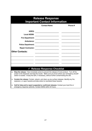67
Release Response
Important Contact Information
Contact Name Phone #
ADEQ:
Local ADEM:
Fire Department:
Ambulance:
Police Department:
Repair Contractor:
Other Contacts:



 Release Response Checklist
 Stop the release: Take immediate action to prevent the release of more product. Turn off the
power to the dispenser and bag the nozzle. Make sure you know where your emergency shutoff
switch is located. Empty the tank, if necessary, without further contaminating the site.
 Contain the release: Contain, absorb, and clean up any surface releases. Identify any fire,
explosion, or vapor hazards and take action to neutralize these hazards.
 Call for help and to report suspected or confirmed releases: Contact your local fire or
emergency response authority. Contact ADEQ within 24 hours.
 