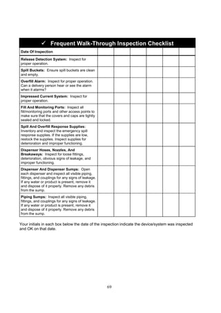 69



 Frequent Walk-Through Inspection Checklist
Date Of Inspection
Release Detection System: Inspect for
proper operation.
Spill Buckets: Ensure spill buckets are clean
and empty.
Overfill Alarm: Inspect for proper operation.
Can a delivery person hear or see the alarm
when it alarms?
Impressed Current System: Inspect for
proper operation.
Fill And Monitoring Ports: Inspect all
fill/monitoring ports and other access points to
make sure that the covers and caps are tightly
sealed and locked.
Spill And Overfill Response Supplies:
Inventory and inspect the emergency spill
response supplies. If the supplies are low,
restock the supplies. Inspect supplies for
deterioration and improper functioning.
Dispenser Hoses, Nozzles, And
Breakaways: Inspect for loose fittings,
deterioration, obvious signs of leakage, and
improper functioning.
Dispenser And Dispenser Sumps: Open
each dispenser and inspect all visible piping,
fittings, and couplings for any signs of leakage.
If any water or product is present, remove it
and dispose of it properly. Remove any debris
from the sump.
Piping Sumps: Inspect all visible piping,
fittings, and couplings for any signs of leakage.
If any water or product is present, remove it
and dispose of it properly. Remove any debris
from the sump.
Your initials in each box below the date of the inspection indicate the device/system was inspected
and OK on that date.
 
