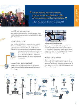 SYSTEM
INFO
+
5
It is like walking around in the tank
farm but you’re standing in your office.
All measurement points are centralized.
Curt Åkesson, Instrument Engineer, St1
”
”
Migrate legacy systems seamlessly
Replace outdated level gauges with high-performing
gauges from Rosemount thanks to advanced emulation
technology.
Stay in charge of operations
Control your plant with TankMaster—get real-time
gross and net volume calculations based on API and
ISO standards as well as alarm, inventory and custody
transfer functions. The user-friendly interface increases
productivity and ease of plant management.
Simplify tank farm automation
Use wireless communication to automate your bulk liquid
tank content measuring. The solution is based on IEC 62591
(WirelessHART®
).
Combine devices freely
Our Tankbus uses the open communication standard
Foundation™
fieldbus, allowing you to connect the
gauging units you need on the tank. The Tankbus is
two-wired, self-configuring and intrinsically safe allowing
cabling without conduits. Communication from
the Tank Hub to the control room can be made
via our Modbus based fieldbus, other major
fieldbus standards or Emerson Smart Wireless
transmission. Measure density and mass
Create a hybrid inventory measurement system by
connecting a pressure transmitter for real-time density
and mass calculations in addition to net volume. Get all
tank parameters from one system and reduce the need
for manual sampling.
2460
5900S Radar Level Gauges
(2-in-1 optional)
Still-pipe Array Horn LPG/LNG
Parabolic
2240S Multi-input
Temperature Transmitter
2100 Series
Liquid Level Switch
5400 Radar Level
Transmitter
5300 Guided
Wave Radar
Transmitter
2410 Tank Hub
775 Smart
Wireless
THUM™
Adapter
644 with Point
Temperature
475 Field
Communicator
3051S Pressure
Transmitter
765 Multiple Spot
Temperature and Free
Water Level Sensor
2230 Graphical
Field Display
565/566 Multiple
Spot Temperature
Sensor
 
