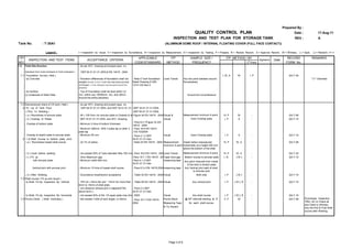 Prepared By :
Date : 17-Aug-11
REV : A
Tank No. : T-30A1
Legend : I = Inspection by visual, II = Inspection by Surveillance, III = Inspection by Measurement, IV = Inspection by Testing, P = Prepare, R = Review Record, A = Approve Record, W = Witness, ( ) = Spot, [ ] = Random, H = Hold Point
ITP APPLICABLE ITP SAMPLE SIZE / RECORD REMARKS
NO. CODE/STANDARD METHOD FREQUENCY 3rd
-Party FORM No.
INSPECTION AND TEST ITEMS
QUALITY CONTROL PLAN
QUALITY CONTROL PLAN
INSPECTION AND TEST PLAN FOR STORAGE TANK
Date
(ALUMINUM DOME ROOF / INTERNAL FLOATING COVER (FULL FACE CONTACT))
ITP METHOD / BY
Signature
ACCEPTANCE CRITERIA
7.0 Field Site Erection - As per AFC. drawing and project spec. no.
(Handover from Civils Contractor to Tank Contractor.) DEP 64.51.01.31-GEN. EN 14015 : 2004
7.1 Foundation Survey ( field ) I, W, A W I, P QA-T-30
(a) Concrete - Elevation differences of foundation shall not
exceed ±3 mm. In 3 m. From the main level and shall
not Exceed. ± 3 mm. Between any two point around the
periphery
- Note 5 Tank foundation
Detail Drawing D-300-
1315-12X Rev.0
Level Transit Any two point between around
the periphery
 D  Diameter
(b) Surface
(c) Underside of Shell Plate Around the circumference.
7.2 Diamensional check of CS tank ( field ) - As per AFC. drawing and project spec. no.
a Fit - Up of Tank Floor DEP 64.51.01.31-GEN. and DEP 34.51.01.31-GEN.
-DEP 34.51.01.31-GEN.
( Prior To Welding ) -DEP 64.51.01.31-GEN.
( a ) Roundness of annular plate - 50 ≤ 100 from rim annular plate to Outsied of shell
-Figure 3d EN 14015 : 2004 Visual  Measurement minimum 8 point III, P W - QA-T-06
( b ) Overlap of Plates DEP 34.51.01.31-GEN. and AFC. Drawing. Visual Each Overlap plate I, P A - QA-T-10
- Overlap of bottom plate - Minimum 5 time of bottom thickness
- Para 8.4.1/Figuer 3c EN
14015 : 2004
- Minimum 300mm. With 3 plate lap ot other 3
plate lap
- Para 16.6 EN 14015
:103:1032004
- Overlap of sketch plate to annular plate - Minimum 65 mm Visual Each Overlap plate I, P A - QA-T-10
b 1 st Shell Course to bottom plate Joint
( a ) Roundness lowest shell course - ±0.1% of radius -Table 24 EN 14015 : 2004 Measurement
minimum 8 point
Insied radius mesuasured
holizontally at a height 200 mm.
above the bottom of the shell
III, P W, A - QA-T-08
( b ) Level before welding - not exceed 25% of Tank diameter Max.100 mm.- Para 16.6 EN 14015 : 2004
Level Transit Measurement minimum 8 point III, P W, A - QA-T-32
( c ) Fit up - 3mm.Maximum gap -Para 16.7.1 EN 14015 : 2004
Taper bore gap Bottom course to annular plate I, III, [ W ] - QA-T-10
with Annular plate - Minimum width 600 mm. -Para 4.1.2 DEP
34.51.01.31-Gen
measuring tape Any point mesured from inside
of the tank to Scetch plate
Vertical joint with annular joint - Minimum 10 time of lowest shell course - Para 8.3.4 EN 14015:2004measuring tape Any Vertical joint weld of shell
to Annular joint
( d ) After Welding - Accordance Imperfaction acceptance - Table 32 EN 14015 : 2004 Visual Both side I, P [ W ] - QA-T-10
7.3 Shell course ( Fit up and visual )
a) Shell Fit-Up Inspection By Vertical - 18% for ≤ 8mm.thk and 1.5mm for more than
8mm to 15mm.of shell plate
- Table 26 EN 14015 : 2004 Visual Any vertical joint I, P [ W ], R - QA-T-10
- min.distance vertical joint in adjacent(Thk.
above 5mm.)
- Para 5.3 DEP
34.51.01.31-Gen
b) Shell Fit-Up Inspection By horizontal - not exceed 20% of thk. Of upper plate max.3mm.
- Para 16.7.4.2 EN 14015
: 2004 Visual Any shell course I, P [ W ], R - QA-T-10
7.4 Plumb Check ( Shell Verticality ) - Not exceed 1/200 of tank height, or 50mm. Plumb Block @ 45o
intervals starting at 0o
II, P W - QA-T-09
Measuring Tape for each shell course.
 Try Square
- Para 16.7.3 EN 14015 :
2004
- Para 4.1.2 DEP
34.51.01.31-Gen
Plumbness Inspection
TREL QC to Check all
and Client to Witness
only the first  Final Shell
course after Welding.
- Top of Foundation shall be level within ±3
mm. within any 10000mm. Arc, and ±6mm.
Around the entire periphery
Page 3 of 6
 