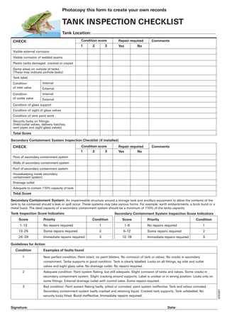 Photocopy this form to create your own records
TANK INSPECTION CHECKLIST
Tank Location:
CHECK
Floor of secondary containment system
Walls of secondary containment system
Roof of secondary containment system
Housekeeping inside secondary
containment system)
Drainage outlet
Adequate to contain 110% capacity of tank
Total Score
Condition score
1 2 3
Repair required
Yes No
Comments
Secondary Containment System: An impermeable structure around a storage tank and ancillary equipment to allow the contents of the
tank to be contained should a leak or spill occur. These systems may take various forms. For example: earth embankments, a brick bund or a
metal bund. The ideal capacity of a secondary containment system should be a minimum of 110% of the tanks capacity.
Score Priority Condition
1-13 No repairs required 1
13-26 Some repairs required 2
26-39 Immediate repairs required 3
Score Priority Condition
1-6 No repairs required 1
6-12 Some repairs required 2
12-18 Immediate repairs required 3
Tank Inspection Score Indicators Secondary Containment System Inspection Score Indicators
Condition Examples of faults found
1 Near perfect condition: Paint intact, no paint blisters. No corrosion of tank or valves. No cracks in secondary
containment. Tanks supports in good condition. Tank is clearly labelled. Locks on all fittings, eg inlet and outlet
valves and sight glass valve. No drainage outlet. No repairs required.
2 Adequate condition: Paint system flaking, but still adequate. Slight corrosion of tanks and valves. Some cracks in
secondary containment system. Slight cracking around supports. Label is unclear or in wrong position. Locks only on
some fittings. External drainage outlet with control valve. Some repairs required.
3 Bad condition: Paint system flaking badly, pitted or corroded; paint system ineffective. Tank and valves corroded.
Secondary containment system badly cracked and retaining liquid. Cracked tank supports. Tank unlabelled. No
security locks fitted. Bund ineffective. Immediate repairs required.
Guidelines for Action
Signature: Date:
Secondary Containment System Inspection Checklist (if installed)
CHECK
Visible external corrosion
Visible corrosion of welded seams
Plastic tanks damaged. cracked or crazed
Damp areas on outside of tanks
(These may indicate pinhole leaks)
Tank label
Internal
External
Internal
External
Condition of glass support
Condition of sight of glass valves
Condition of tank paint work
Security locks on fittings:
(Inlet/outlet valves, delivery hatches,
vent pipes and sight glass valves)
Total Score
Condition score
1 2 3
Repair required
Yes No
Comments
Condition
of inlet valve
Condition
of outlet valve
406387
 