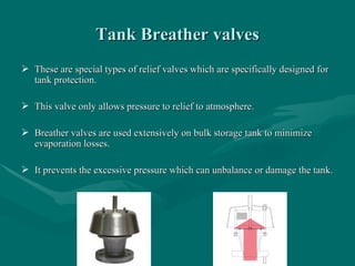 Tank Breather valves
Tank Breather valves
 These are special types of relief valves which are specifically designed for
These are special types of relief valves which are specifically designed for
tank protection.
tank protection.
 This valve only allows pressure to relief to atmosphere.
This valve only allows pressure to relief to atmosphere.
 Breather valves are used extensively on bulk storage tank to minimize
Breather valves are used extensively on bulk storage tank to minimize
evaporation losses.
evaporation losses.
 It prevents the excessive pressure which can unbalance or damage the tank.
It prevents the excessive pressure which can unbalance or damage the tank.
 