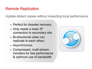 Remote Replication
Update distant copies without impacting local performance

     ► Perfect for disaster recovery
     ► Only needs a basic IP
       connection to secondary site
     ► Bi-directional (sites can
       replicate to each other)
     ► Asynchronous

     ► Compressed, multi-stream
       transfers for fast performance
       & optimum use of bandwidth


34
 