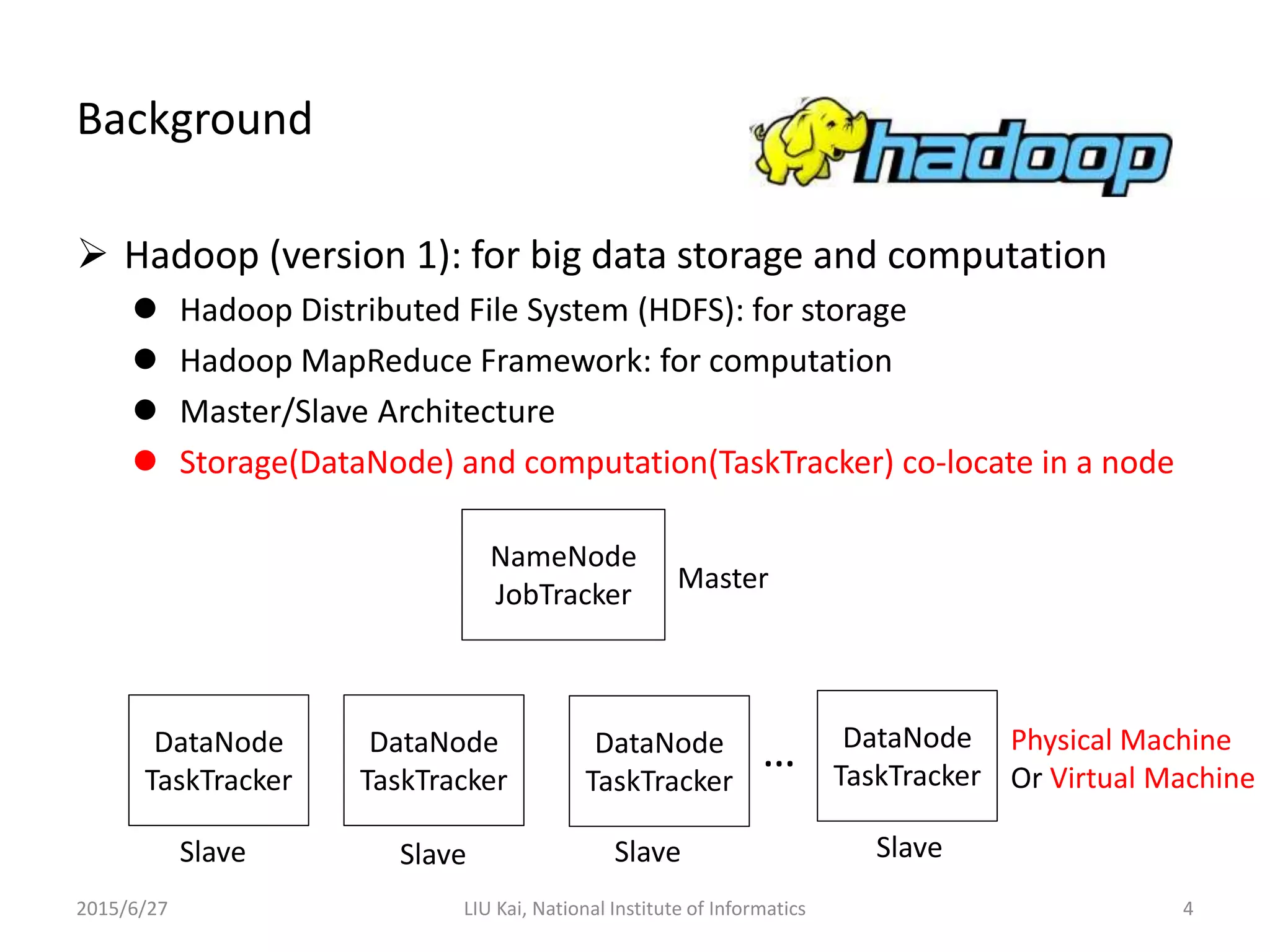 Background
 Hadoop (version 1): for big data storage and computation
 Hadoop Distributed File System (HDFS): for storage
 Hadoop MapReduce Framework: for computation
 Master/Slave Architecture
 Storage(DataNode) and computation(TaskTracker) co-locate in a node
2015/6/27 LIU Kai, National Institute of Informatics 4
DataNode
TaskTracker
…
Slave Slave Slave Slave
NameNode
JobTracker
DataNode
TaskTracker
DataNode
TaskTracker
DataNode
TaskTracker
Master
Physical Machine
Or Virtual Machine
 