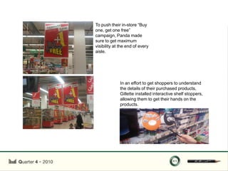 To push their in-store “Buy
one, get one free”
campaign, Panda made
sure to get maximum
visibility at the end of every
aisle.




             In an effort to get shoppers to understand
             the details of their purchased products,
             Gillette installed interactive shelf stoppers,
             allowing them to get their hands on the
             products.
 