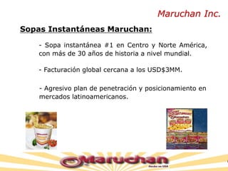Maruchan Inc.
Sopas Instantáneas Maruchan:
- Sopa instantánea #1 en Centro y Norte América,
con más de 30 años de historia a nivel mundial.
- Facturación global cercana a los USD$3MM.
- Agresivo plan de penetración y posicionamiento en
mercados latinoamericanos.
 