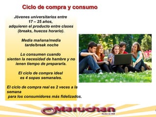 Ciclo de compra y consumo
Jóvenes universitarios entre
17 – 25 años,
adquieren el producto entre clases
(breaks, huecos horario).
Media mañana/media
tarde/break noche
Lo consumen cuando
sienten la necesidad de hambre y no
ienen tiempo de prepararla.
El ciclo de compra ideal
es 4 sopas semanales.
El ciclo de compra real es 2 veces a la
semana
para los consumidores más fidelizados.
 