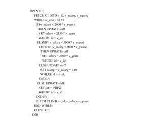OPEN C1;
FETCH C1 INTO v_id, v_salary, v_years;
WHILE at_end = 0 DO
IF (v_salary < 2000 * v_years)
THEN UPDATE staff
SET salary = 2150 * v_years
WHERE id = v_id;
ELSEIF (v_salary < 5000 * v_years)
THEN IF (v_salary < 3000 * v_years)
THEN UPDATE staff
SET salary = 3000 * v_years
WHERE id = v_id;
ELSE UPDATE staff
SET salary = v_salary * 1.10
WHERE id = v_id;
END IF;
ELSE UPDATE staff
SET job = 'PREZ'
WHERE id = v_id;
END IF;
FETCH C1 INTO v_id, v_salary, v_years;
END WHILE;
CLOSE C1;
END
 