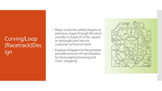 Curving/Loop
(Racetrack)Des
ign
 Major customer aisle(s) begins at
entrance, loops through the store
(usually in shape of circle, square
or rectangle) and returns
customer to front of store
 Exposes shoppers to the greatest
possible amount of merchandise
by encouraging browsing and
cross- shopping
 