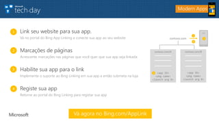Modern Apps
1. Link seu website para sua app.
Vá no portal do Bing App Linking e conecte sua app ao seu website
2. Marcações de páginas
Acrescente marcações nas páginas que você quer que sua app seja linkada
3. Habilite sua app para o link
Implemente o suporte ao Bing Linking em sua app e então submeta na loja
4. Registe sua app
Retorne ao portal do Bing Linking para registar sua app
contoso.com
Vá agora no Bing.com/AppLink
<app ID>
<pkg name>
<launch arg A>
<app ID>
<pkg name>
<launch arg B>
contoso.com/A contoso.com/B
App
1
2
3
4
1
2
3
4
 