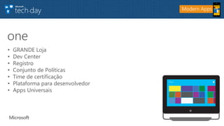 • GRANDE Loja
• Dev Center
• Registro
• Conjunto de Políticas
• Time de certificação
• Plataforma para desenvolvedor
• Apps Universais
one
Modern Apps
 
