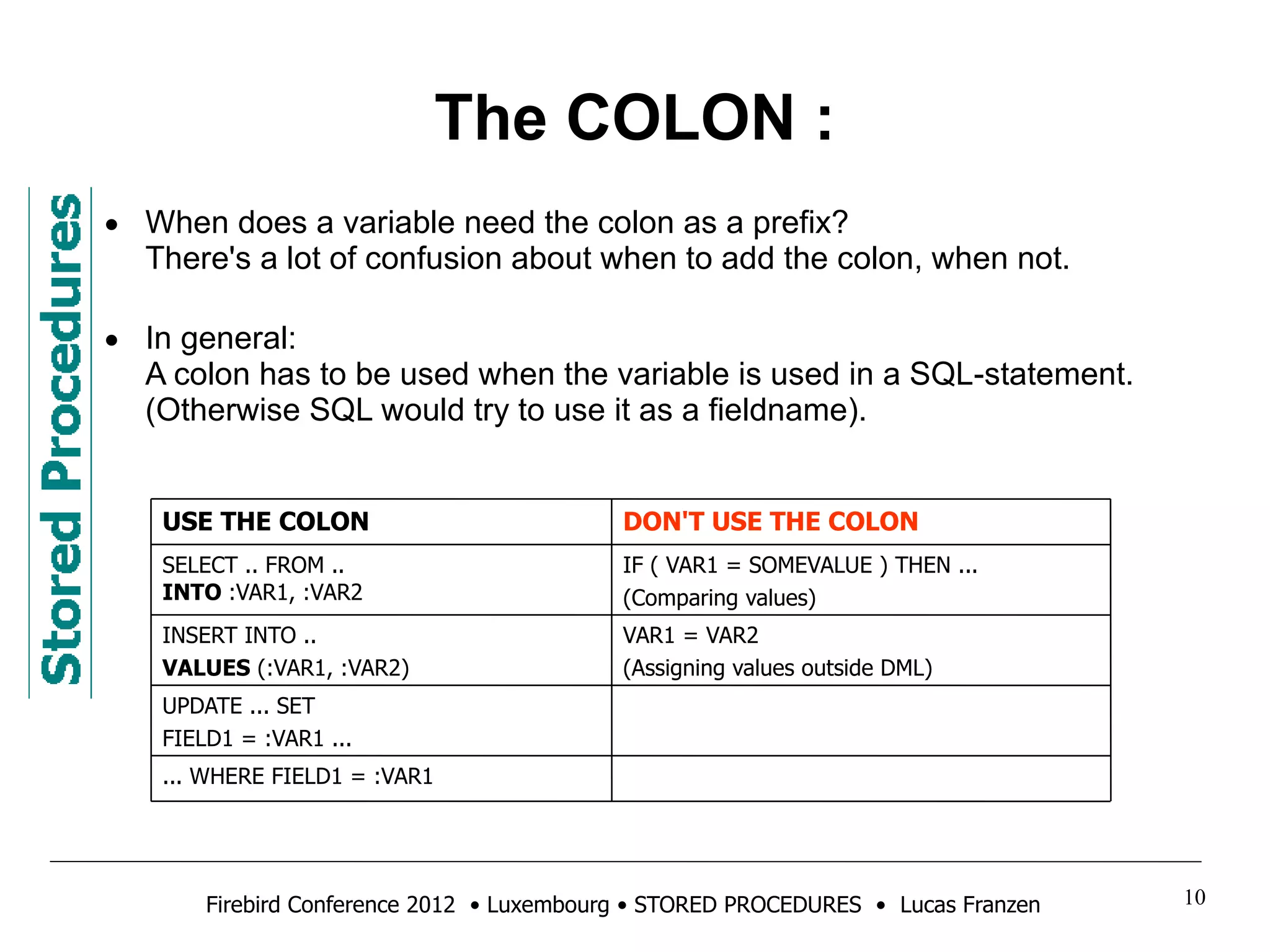 The COLON : 
• When does a variable need the colon as a prefix? 
There's a lot of confusion about when to add the colon, when not. 
• In general: 
A colon has to be used when the variable is used in a SQL-statement. 
(Otherwise SQL would try to use it as a fieldname). 
USE THE COLON DON'T USE THE COLON 
SELECT .. FROM .. 
INTO :VAR1, :VAR2 
INSERT INTO .. 
VALUES (:VAR1, :VAR2) 
UPDATE ... SET 
FIELD1 = :VAR1 ... 
... WHERE FIELD1 = :VAR1 
IF ( VAR1 = SOMEVALUE ) THEN ... 
(Comparing values) 
VAR1 = VAR2 
(Assigning values outside DML) 
Firebird Conference 2012 • Luxembourg • STORED PROCEDURES • Lucas Franzen 10 
 