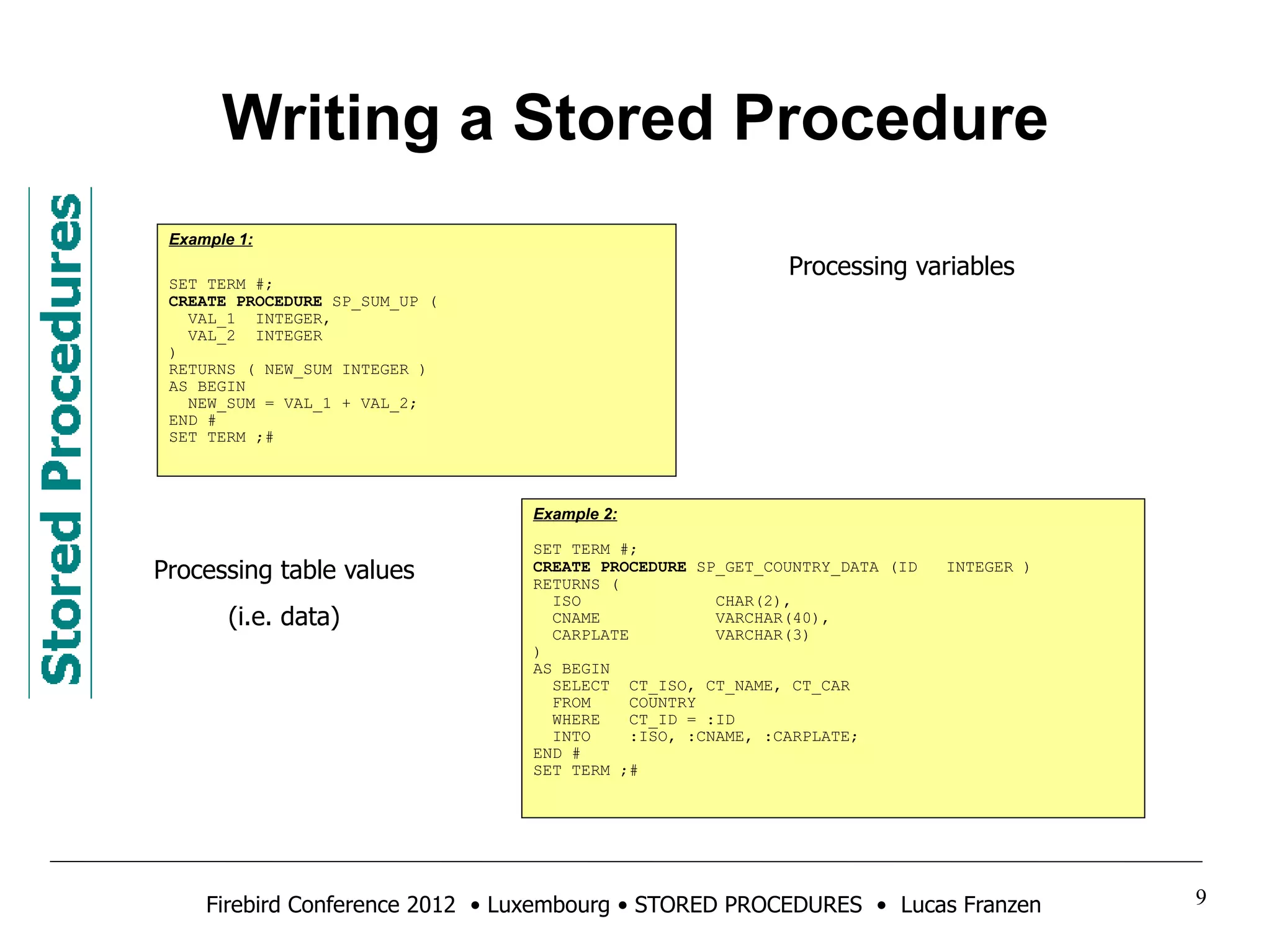 Writing a Stored Procedure 
Example 1: 
SET TERM #; 
CREATE PROCEDURE SP_SUM_UP ( 
VAL_1 INTEGER, 
VAL_2 INTEGER 
) 
RETURNS ( NEW_SUM INTEGER ) 
AS BEGIN 
NEW_SUM = VAL_1 + VAL_2; 
END # 
SET TERM ;# 
Processing variables 
Processing table values 
(i.e. data) 
Example 2: 
SET TERM #; 
CREATE PROCEDURE SP_GET_COUNTRY_DATA (ID INTEGER ) 
RETURNS ( 
ISO CHAR(2), 
CNAME VARCHAR(40), 
CARPLATE VARCHAR(3) 
) 
AS BEGIN 
SELECT CT_ISO, CT_NAME, CT_CAR 
FROM COUNTRY 
WHERE CT_ID = :ID 
INTO :ISO, :CNAME, :CARPLATE; 
END # 
SET TERM ;# 
Firebird Conference 2012 • Luxembourg • STORED PROCEDURES • Lucas Franzen 9 
 