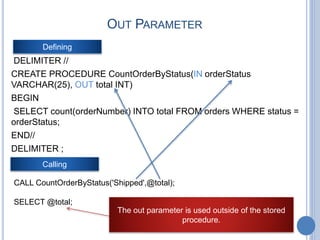 OUT PARAMETER
DELIMITER //
CREATE PROCEDURE CountOrderByStatus(IN orderStatus
VARCHAR(25), OUT total INT)
BEGIN
SELECT count(orderNumber) INTO total FROM orders WHERE status =
orderStatus;
END//
DELIMITER ;
Defining
Calling
CALL CountOrderByStatus('Shipped',@total);
SELECT @total;
The out parameter is used outside of the stored
procedure.
 