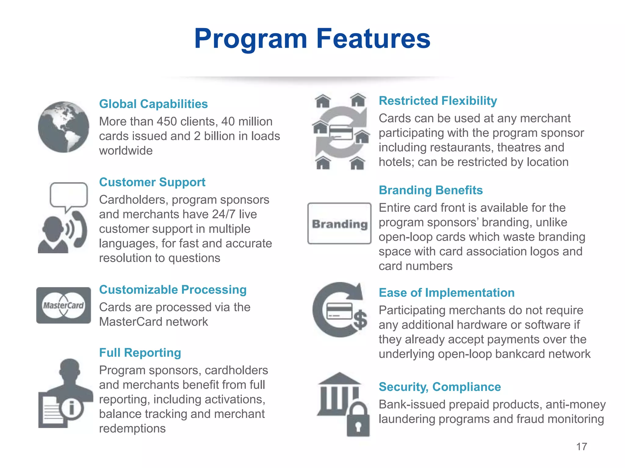 Program Features
17
Global Capabilities
More than 450 clients, 40 million
cards issued and 2 billion in loads
worldwide
Branding Benefits
Entire card front is available for the
program sponsors’ branding, unlike
open-loop cards which waste branding
space with card association logos and
card numbers
Restricted Flexibility
Cards can be used at any merchant
participating with the program sponsor
including restaurants, theatres and
hotels; can be restricted by location
Customer Support
Cardholders, program sponsors
and merchants have 24/7 live
customer support in multiple
languages, for fast and accurate
resolution to questions
Customizable Processing
Cards are processed via the
MasterCard network
Full Reporting
Program sponsors, cardholders
and merchants benefit from full
reporting, including activations,
balance tracking and merchant
redemptions
Security, Compliance
Bank-issued prepaid products, anti-money
laundering programs and fraud monitoring
Ease of Implementation
Participating merchants do not require
any additional hardware or software if
they already accept payments over the
underlying open-loop bankcard network
 