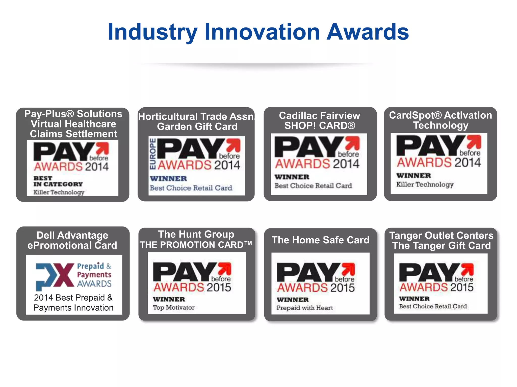 10
Horticultural Trade Assn.
Garden Gift Card
Pay-Plus® Solutions
Virtual Healthcare
Claims Settlement
2014 Best Prepaid &
Payments Innovation
Dell Advantage
ePromotional Card
CardSpot® Activation
Technology
Cadillac Fairview
SHOP! CARD®
Industry Innovation Awards
Tanger Outlet Centers
The Tanger Gift Card
The Hunt Group
THE PROMOTION CARD™ The Home Safe Card
 