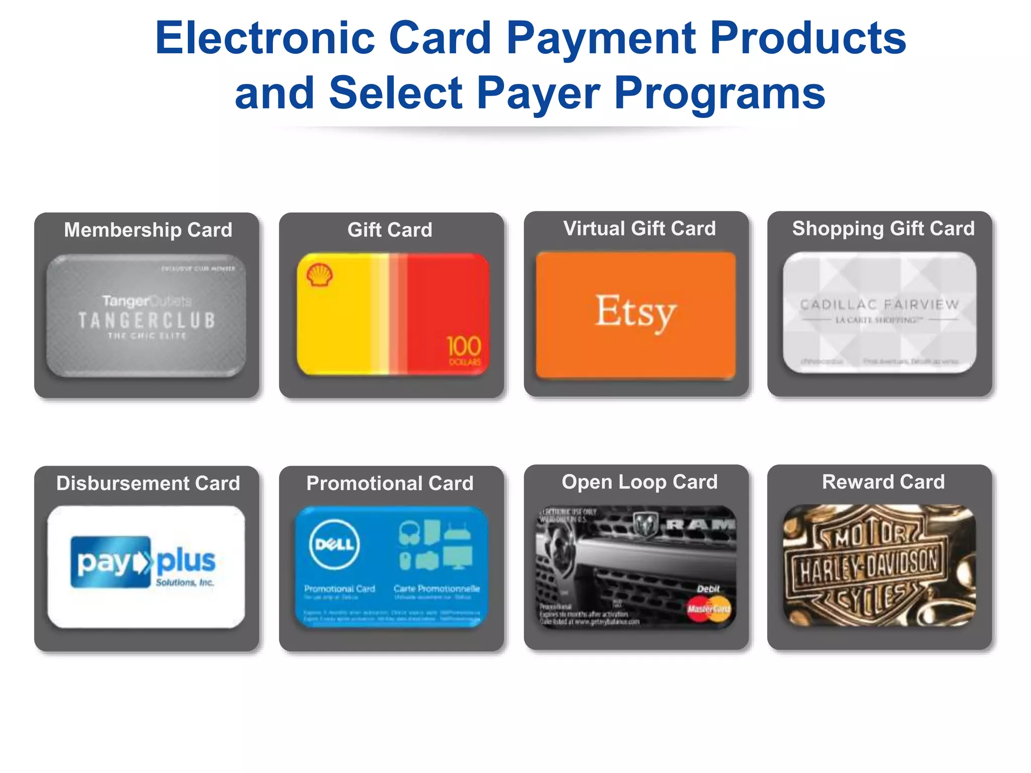 Membership Card Gift Card Virtual Gift Card Shopping Gift Card
Disbursement Card Promotional Card Open Loop Card Reward Card
4
Electronic Card Payment Products
and Select Payer Programs
 