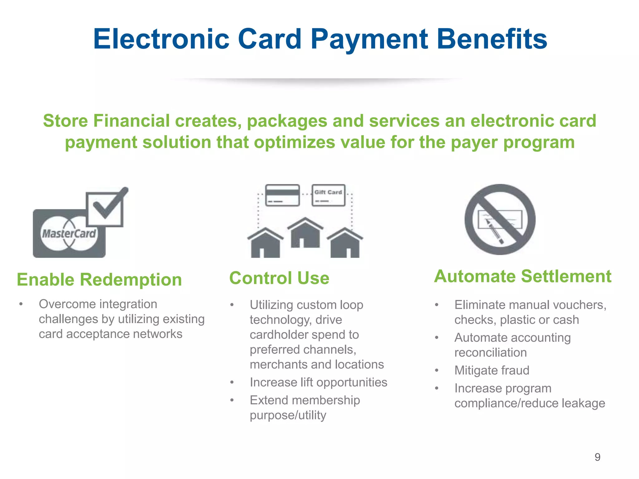 • Overcome integration
challenges by utilizing existing
card acceptance networks
Enable Redemption
9
Control Use Automate Settlement
• Utilizing custom loop
technology, drive
cardholder spend to
preferred channels,
merchants and locations
• Increase lift opportunities
• Extend membership
purpose/utility
• Eliminate manual vouchers,
checks, plastic or cash
• Automate accounting
reconciliation
• Mitigate fraud
• Increase program
compliance/reduce leakage
Store Financial creates, packages and services an electronic card
payment solution that optimizes value for the payer program
Electronic Card Payment Benefits
 