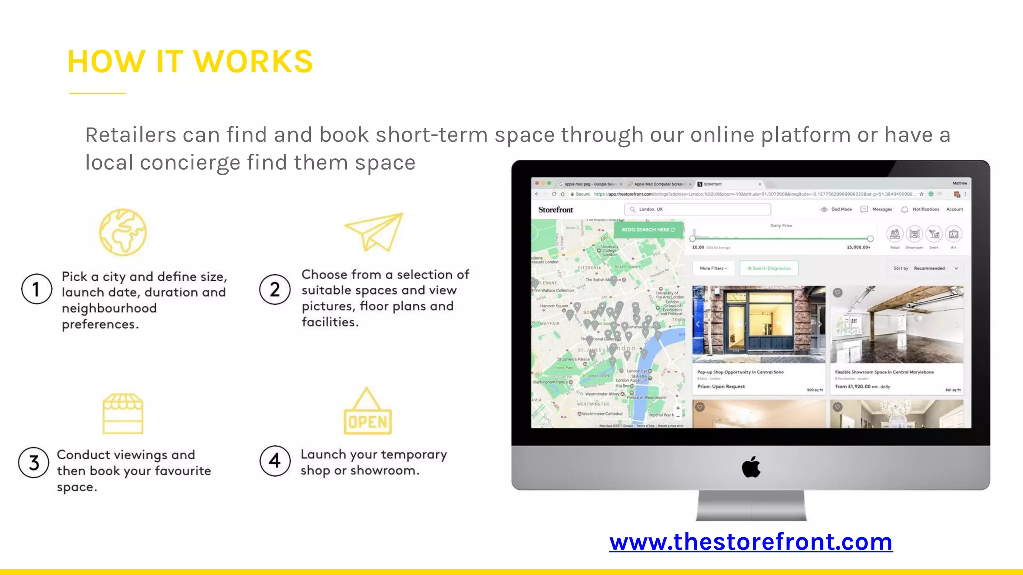 Retailers can find and book short-term space through our online platform or have a
local concierge find them space
www.thestorefront.com
HOW IT WORKS
 