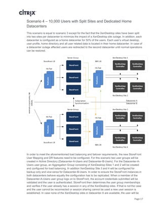 Page 17
Scenario 4 – 10,000 Users with Split Sites and Dedicated Home
Datacenters
This scenario is equal to scenario 3 except for the fact that the XenDesktop sites have been split
into two sites per datacenter to minimize the impact of a XenDesktop site outage. In addition, each
datacenter is configured as a home datacenter for 50% of the users. Each user’s virtual desktop,
user profile, home directory and all user related data is located in their home datacenter. In case of
a datacenter outage affected users are redirected to the second datacenter until normal operations
can be restored.
In order to meet the aforementioned load balancing and failover requirements, the new StoreFront
User Mapping and DR features need to be configured. For this scenario two user groups will be
created in Active Directory (Datacenter-A-Users and Datacenter-B-Users). For the Datacenter-A-
Users user group, an Aggregation Group consisting of XenDesktop Sites 1 and 2 will be created
and configured for load balancing. In addition XenDesktop Site 3 and 4 will be configured for
backup only and vice-versa for Datacenter-B-Users. In order to ensure the StoreFront instances in
both datacenters behave equally the configuration has to be replicated. When a member of the
Datacenter-A-Users user group logs on to StoreFront, the account credentials submitted will be
validated and the user is authenticated. StoreFront then determines the user group memberships
and verifies if the user already has a session in any of the XenDesktop sites. If that is not the case
and the user cannot be reconnected or session sharing cannot be used a new user session is
established. In case none of the XenDesktop sites in datacenter A are available, the user will be
 