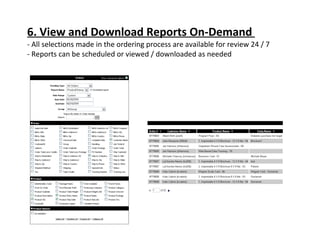 6. View and Download Reports On-Demand  - All selections made in the ordering process are available for review 24 / 7 - Reports can be scheduled or viewed / downloaded as needed 