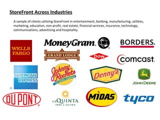 StoreFront Across Industries A sample of clients utilizing StoreFront in entertainment, banking, manufacturing, utilities, marketing, education, non-profit, real estate, financial services, insurance, technology, communications, advertising and hospitality.  