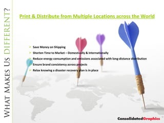 Save Money on Shipping Shorten Time to Market – Domestically & Internationally Reduce energy consumption and emissions associated with long-distance distribution Ensure brand consistency across projects Relax knowing a disaster recovery plan is in place Print & Distribute from Multiple Locations across the World 