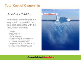 Total Cost of Ownership Print Cost v. Total Cost The cost of printed material is very small compared to the total cost associated with the item, which includes: design procurement digital storage warehousing & distribution  inventory management usage/waste & obsolescence insurance and labor costs Printed Material 