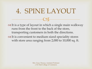 
 It is a type of layout in which a single main walkway
runs from the front to the back of the store,
transporting customers in both the directions.
 It is convenient to medium sized speciality stores
with store area ranging from 2,000 to 10,000 sq. ft.
4. SPINE LAYOUT
Mrs. Gracy Dsouza, Assistant Professor
J. M. Patel College of Commerce
 