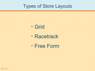 Types of Store Layouts



              • Grid
              • Racetrack
              • Free Form



PPT 18-7
 