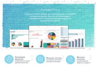 1
Подключаемый модуль для анализа данных о разрезах
продаж, магазинов, брендов для взвешенных
управленческих решений, основывающихся на
аналитических данных.
Аналитика
2 3М е н ь ш е
з а п а с о в
высвобождение
оборотных средств
М е н ь ш е п о т е р ь
системный контроль
доходов и расходов
Э к о н о м и ю
в р е м е н и
оперативность учета,
удобная аналитика
 