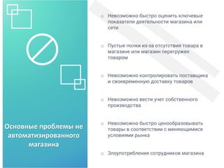Основные проблемы не
автоматизированного
магазина
o Невозможно быстро оценить ключевые
показатели деятельности магазина или
сети
o Пустые полки из-за отсутствия товара в
магазине или магазин перегружен
товаром
o Невозможно контролировать поставщика
и своевременную доставку товаров
o Невозможно вести учет собственного
производства
o Невозможно быстро ценообразовывать
товары в соответствии с меняющимися
условиями рынка
o Злоупотребления сотрудников магазина
 