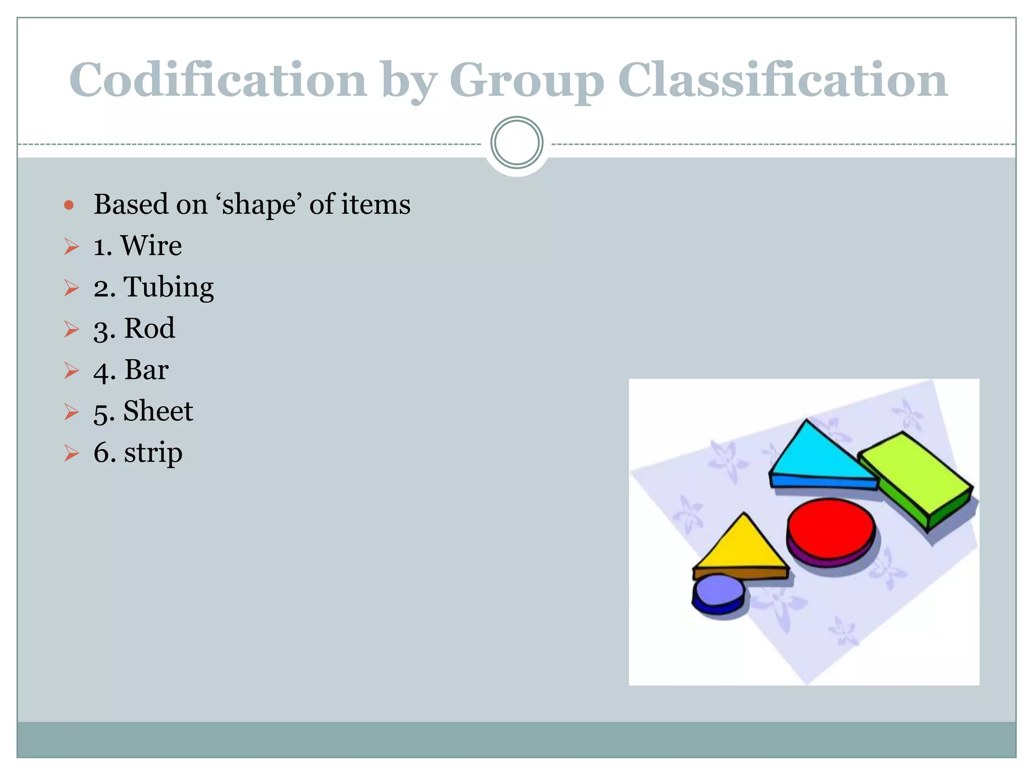 Codification by Group Classification

 Based on ‘shape’ of items
 1. Wire
 2. Tubing
 3. Rod
 4. Bar
 5. Sheet
 6. strip
 